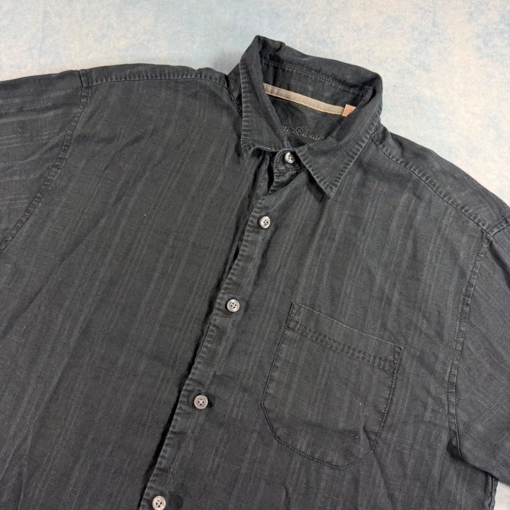 Tommy Bahama Button Up Shirt Mens L Black Excellent 100% Linen Short Sleeve